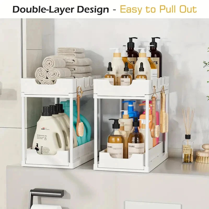 Double-Layer Pull Out Kitchen Storage Rack Multifunctional Organizer with 5 Hooks Non-Slip Stable Home Storage Supplies