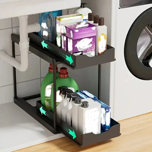 Double-Layer Pull Out Kitchen Storage Rack Multifunctional Organizer with 5 Hooks Non-Slip Stable Home Storage Supplies