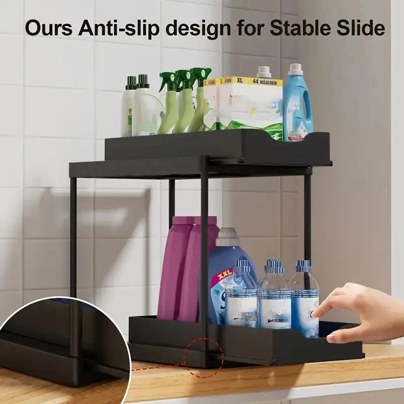 Double-Layer Pull Out Kitchen Storage Rack Multifunctional Organizer with 5 Hooks Non-Slip Stable Home Storage Supplies