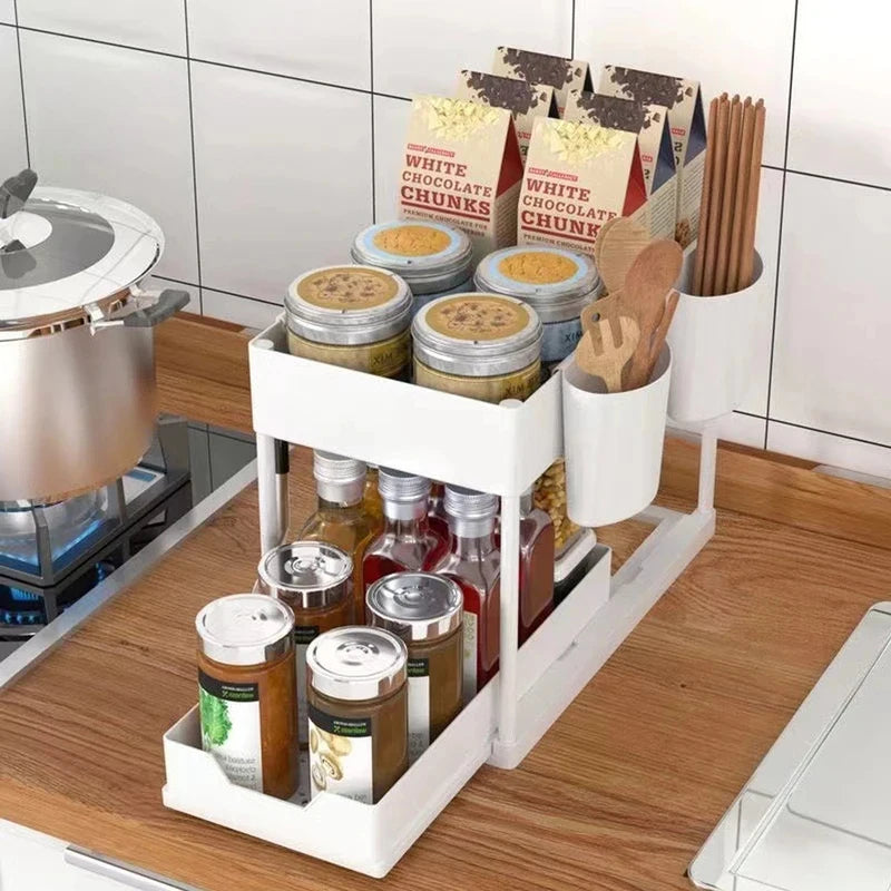 Double-Layer Pull Out Kitchen Storage Rack Multifunctional Organizer with 5 Hooks Non-Slip Stable Home Storage Supplies