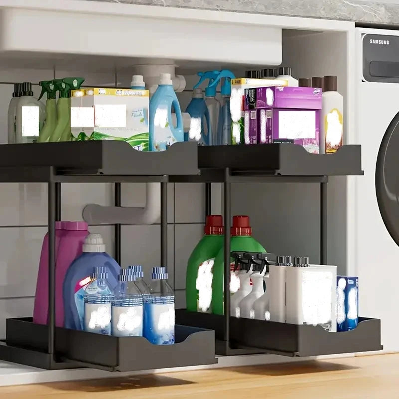 Double-Layer Pull Out Kitchen Storage Rack Multifunctional Organizer with 5 Hooks Non-Slip Stable Home Storage Supplies