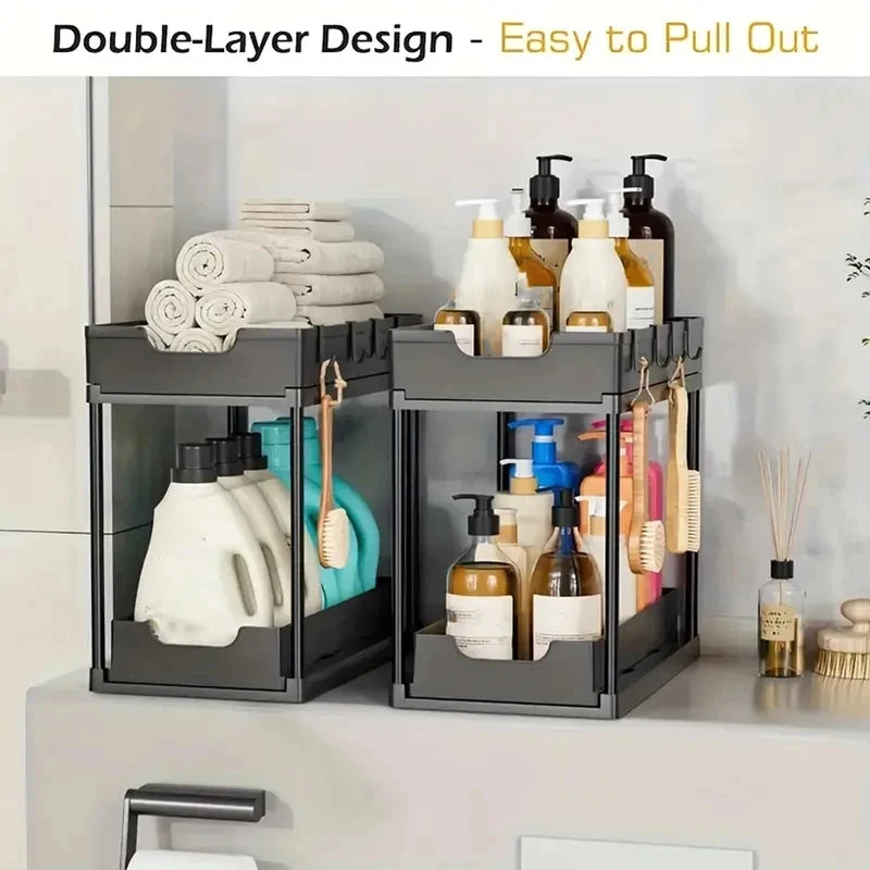 Double-Layer Pull Out Kitchen Storage Rack Multifunctional Organizer with 5 Hooks Non-Slip Stable Home Storage Supplies